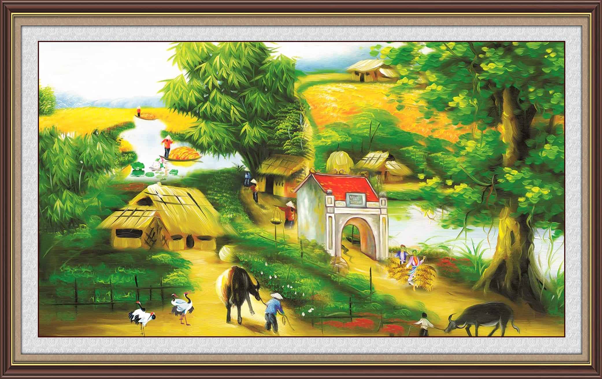 Tranh phong cảnh đồng quê Việt Nam chăn trâu đầu làng - VHome Art 3 Tranh chăn trâu đầu làng