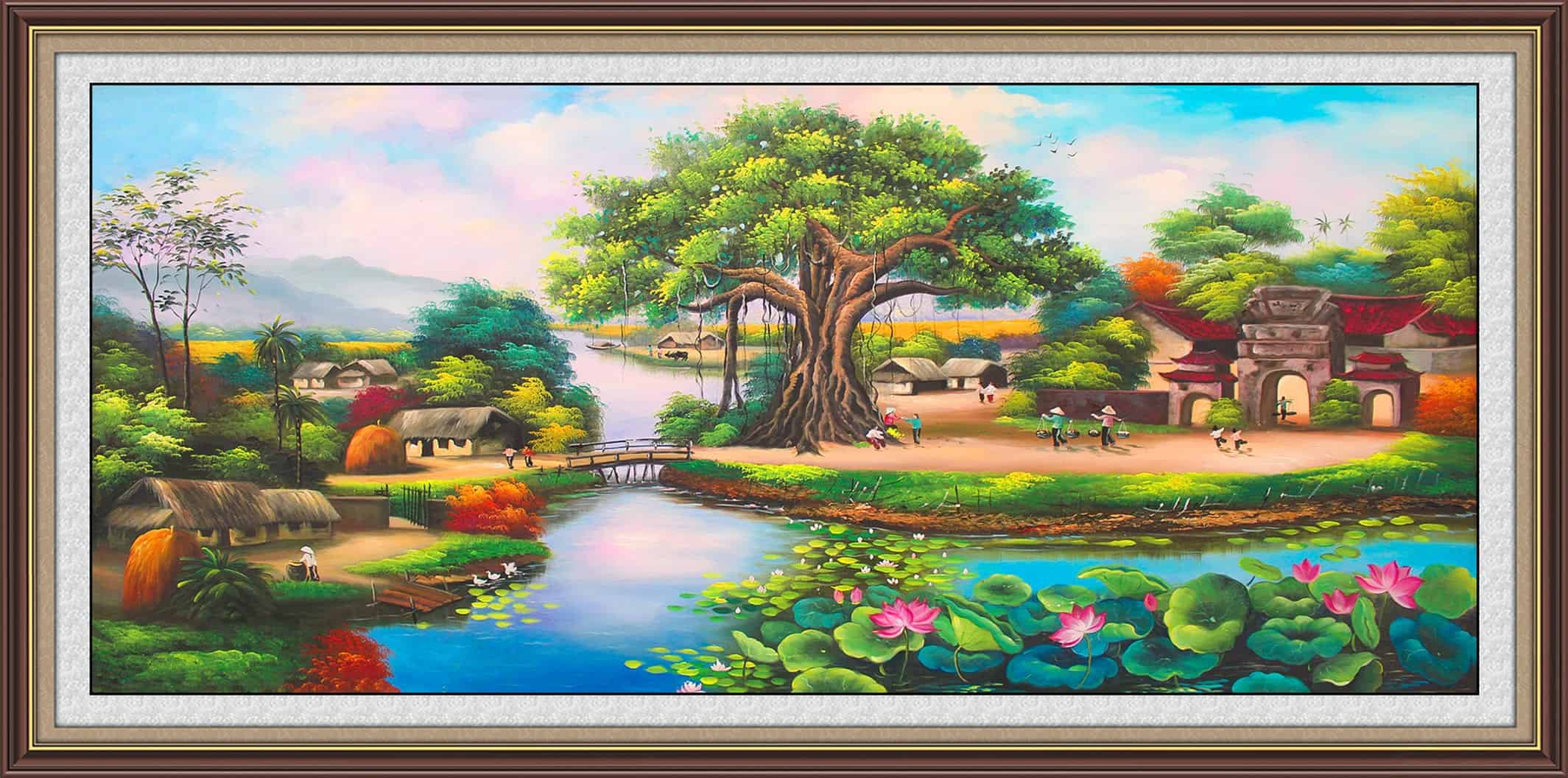 Tranh phong cảnh đồng quê Việt Nam con sông đầu làng 3 tranh làng quê con sông đầu làng