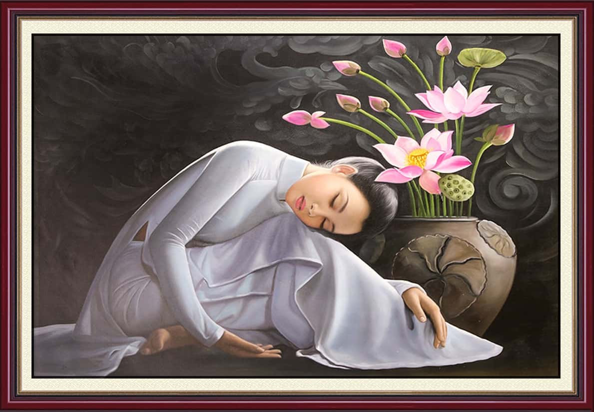 tranh thiếu nữ bên hoa sen